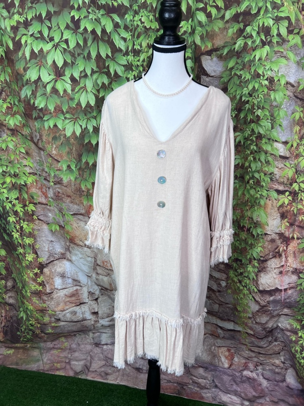 MAZIK Linen Blend Fringed Ruffle Trim Quiet Luxury Shift Dress, L - Picture 2 of 11